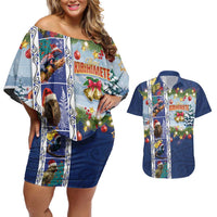 New Zealand Merry Christmas Couples Matching Off Shoulder Short Dress and Hawaiian Shirt Maori Animals, Koru Tattoo - Blue Xmas Style LT03 Blue - Polynesian Pride
