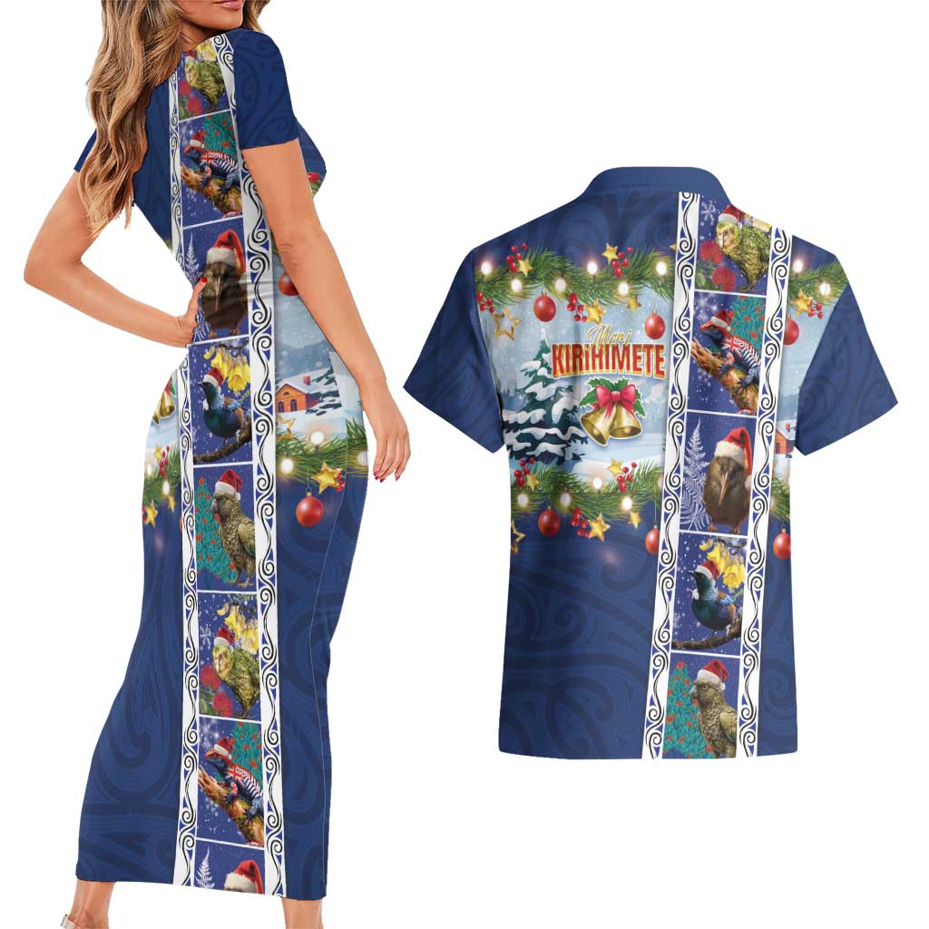 New Zealand Merry Christmas Couples Matching Short Sleeve Bodycon Dress and Hawaiian Shirt Maori Animals, Koru Tattoo - Blue Xmas Style