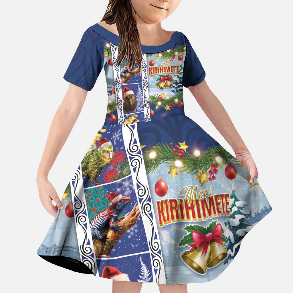 New Zealand Merry Christmas Family Matching Long Sleeve Bodycon Dress and Hawaiian Shirt Maori Animals, Koru Tattoo - Blue Xmas Style LT03 Daughter's Dress Blue - Polynesian Pride
