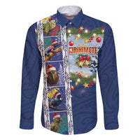 New Zealand Merry Christmas Family Matching Long Sleeve Bodycon Dress and Hawaiian Shirt Maori Animals, Koru Tattoo - Blue Xmas Style LT03 Dad's Shirt - Long Sleeve Blue - Polynesian Pride