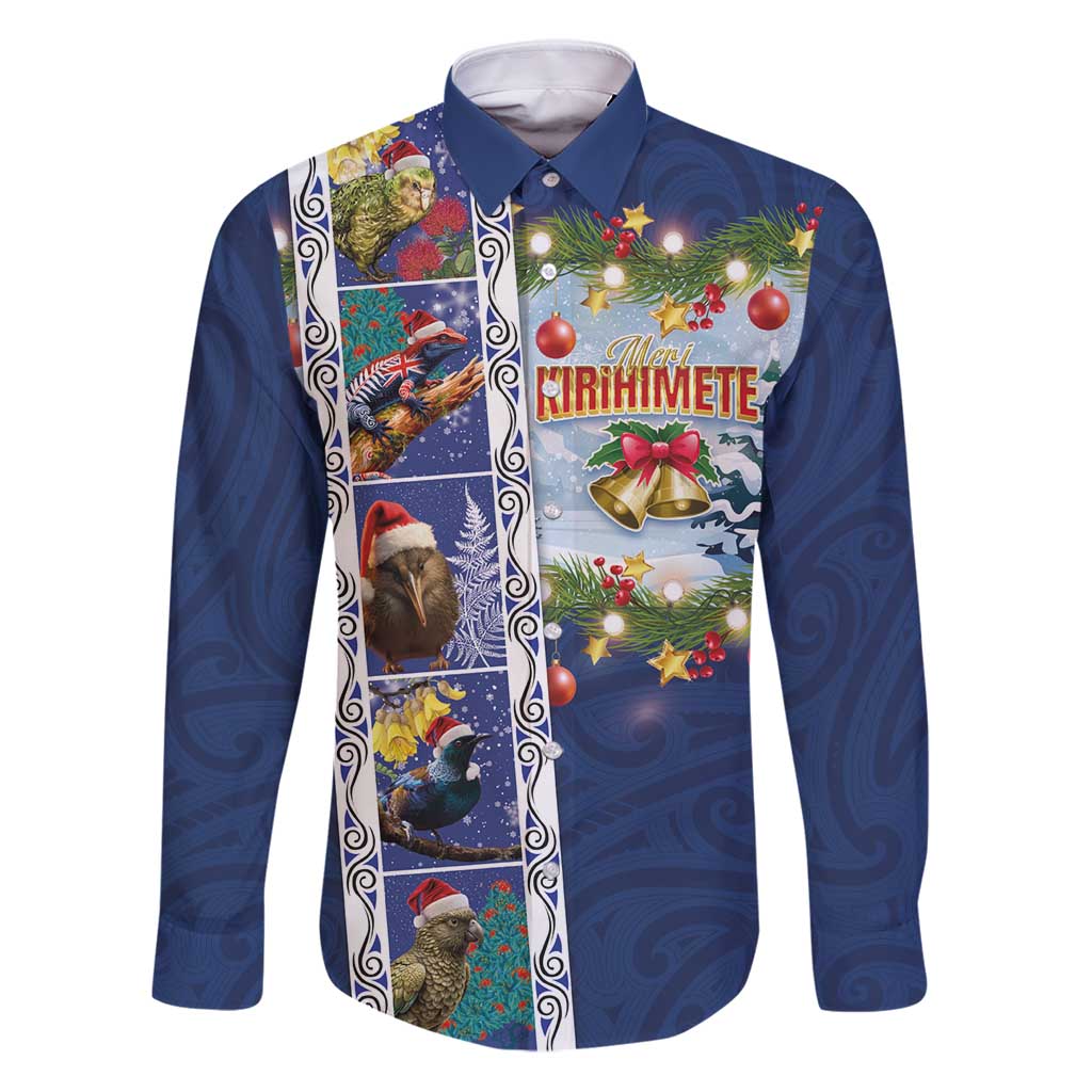 New Zealand Merry Christmas Family Matching Puletasi and Hawaiian Shirt Maori Animals, Koru Tattoo - Blue Xmas Style LT03 Dad's Shirt - Long Sleeve Blue - Polynesian Pride