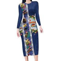 New Zealand Merry Christmas Long Sleeve Bodycon Dress Maori Animals, Koru Tattoo - Blue Xmas Style LT03 Long Dress Blue - Polynesian Pride