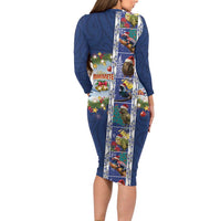 New Zealand Merry Christmas Long Sleeve Bodycon Dress Maori Animals, Koru Tattoo - Blue Xmas Style LT03 - Polynesian Pride