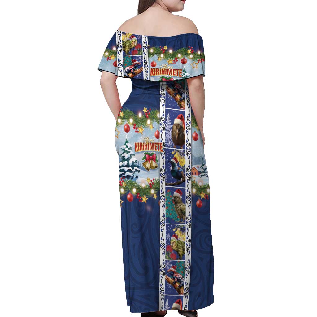 New Zealand Merry Christmas Off Shoulder Maxi Dress Maori Animals, Koru Tattoo - Blue Xmas Style