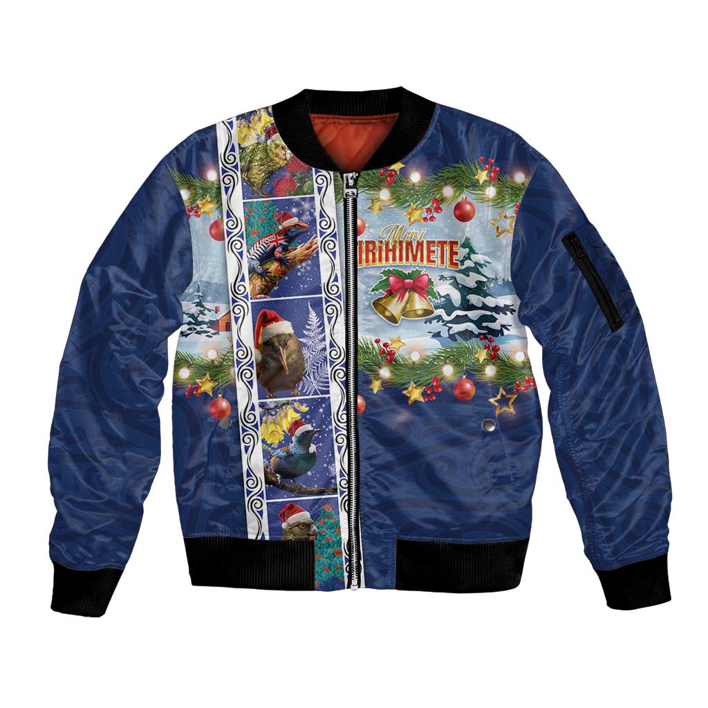 New Zealand Merry Christmas Sleeve Zip Bomber Jacket Maori Animals, Koru Tattoo - Blue Xmas Style