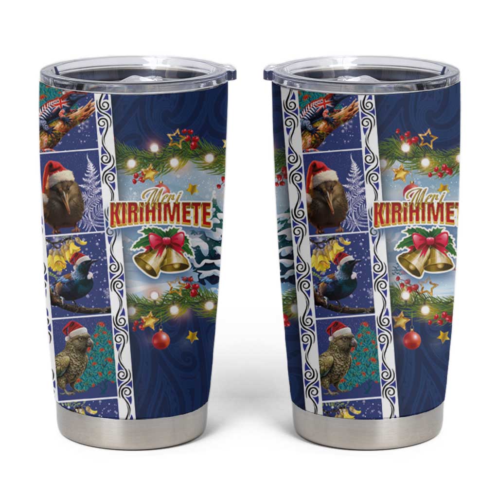 New Zealand Merry Christmas Tumbler Cup Maori Animals Xmas Style and Koru Tattoo Blue Color