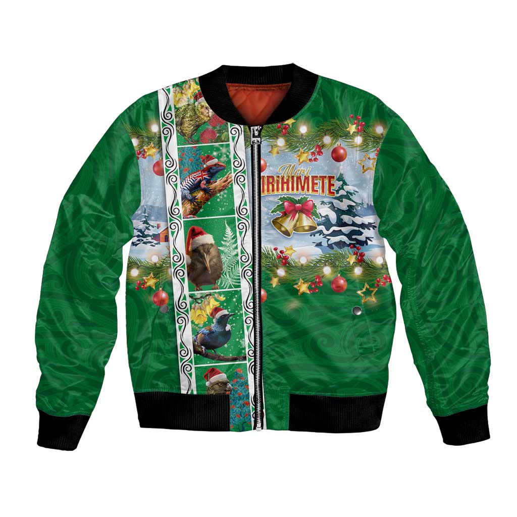 New Zealand Merry Christmas Bomber Jacket Maori Animals, Koru Tattoo - Green Xmas Style