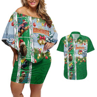 New Zealand Merry Christmas Couples Matching Off Shoulder Short Dress and Hawaiian Shirt Maori Animals, Koru Tattoo - Green Xmas Style LT03 Green - Polynesian Pride