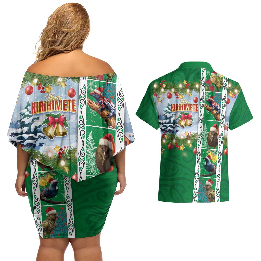 New Zealand Merry Christmas Couples Matching Off Shoulder Short Dress and Hawaiian Shirt Maori Animals, Koru Tattoo - Green Xmas Style LT03 - Polynesian Pride