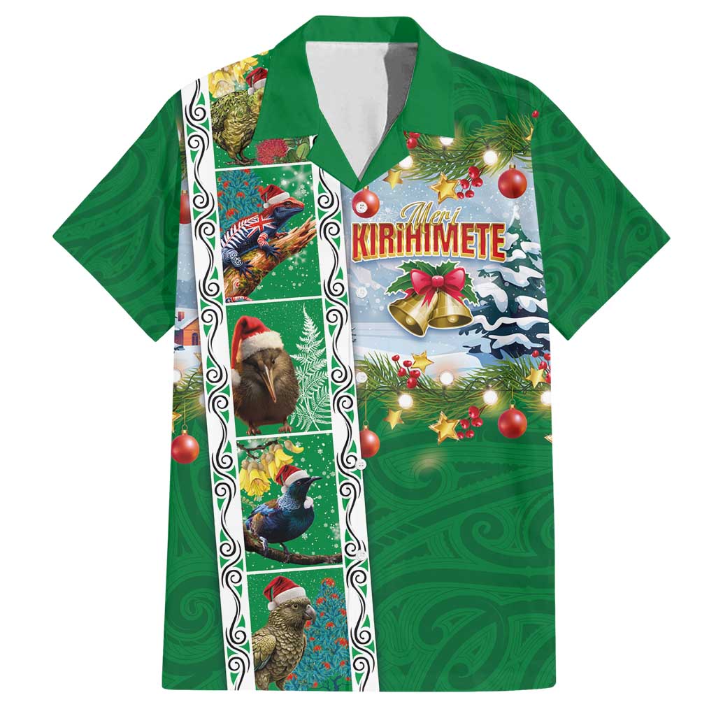 New Zealand Merry Christmas Family Matching Long Sleeve Bodycon Dress and Hawaiian Shirt Maori Animals, Koru Tattoo - Green Xmas Style LT03 Dad's Shirt - Short Sleeve Green - Polynesian Pride