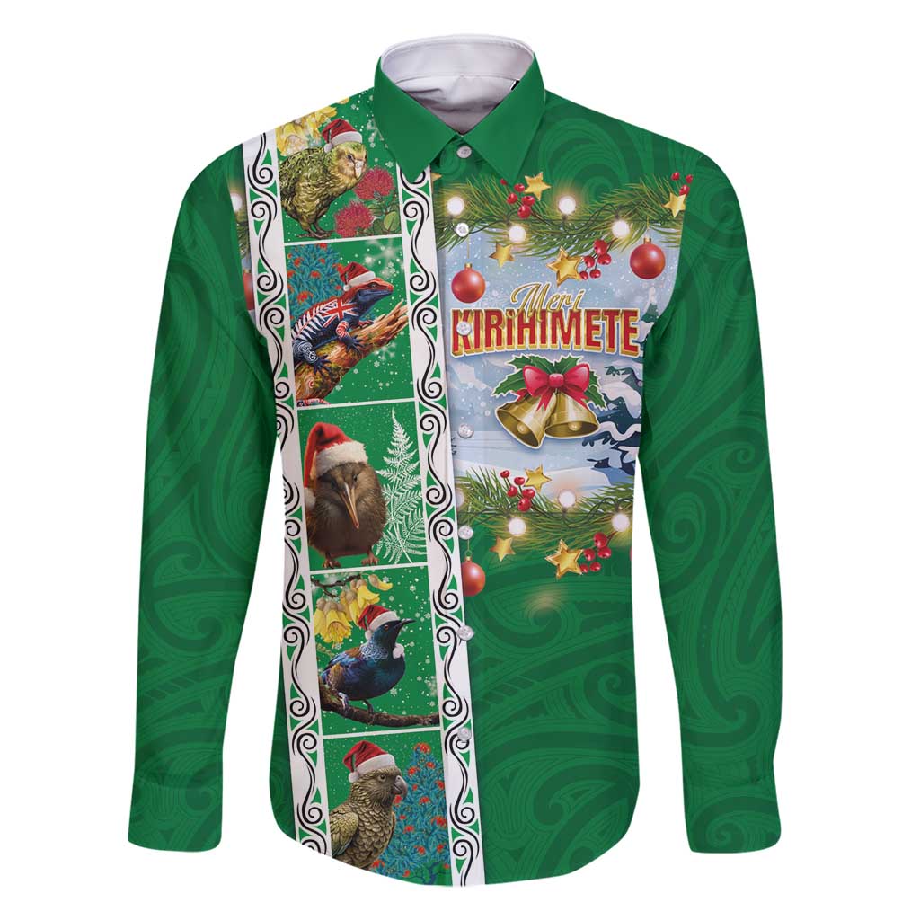 New Zealand Merry Christmas Family Matching Long Sleeve Bodycon Dress and Hawaiian Shirt Maori Animals, Koru Tattoo - Green Xmas Style LT03 Dad's Shirt - Long Sleeve Green - Polynesian Pride