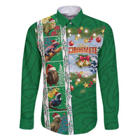New Zealand Merry Christmas Family Matching Long Sleeve Bodycon Dress and Hawaiian Shirt Maori Animals, Koru Tattoo - Green Xmas Style LT03 Dad's Shirt - Long Sleeve Green - Polynesian Pride