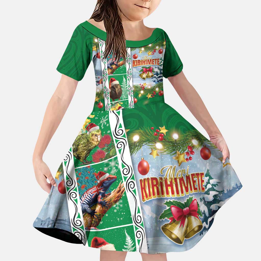 New Zealand Merry Christmas Family Matching Puletasi and Hawaiian Shirt Maori Animals, Koru Tattoo - Green Xmas Style LT03 Daughter's Dress Green - Polynesian Pride