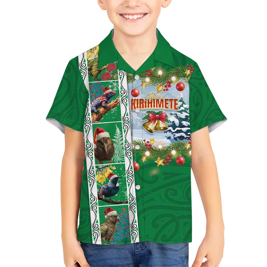 New Zealand Merry Christmas Family Matching Puletasi and Hawaiian Shirt Maori Animals, Koru Tattoo - Green Xmas Style LT03 Son's Shirt Green - Polynesian Pride