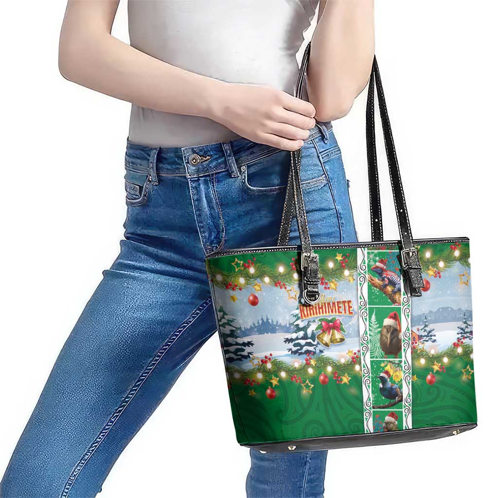 New Zealand Merry Christmas Leather Tote Bag Maori Animals, Koru Tattoo - Green Xmas Style