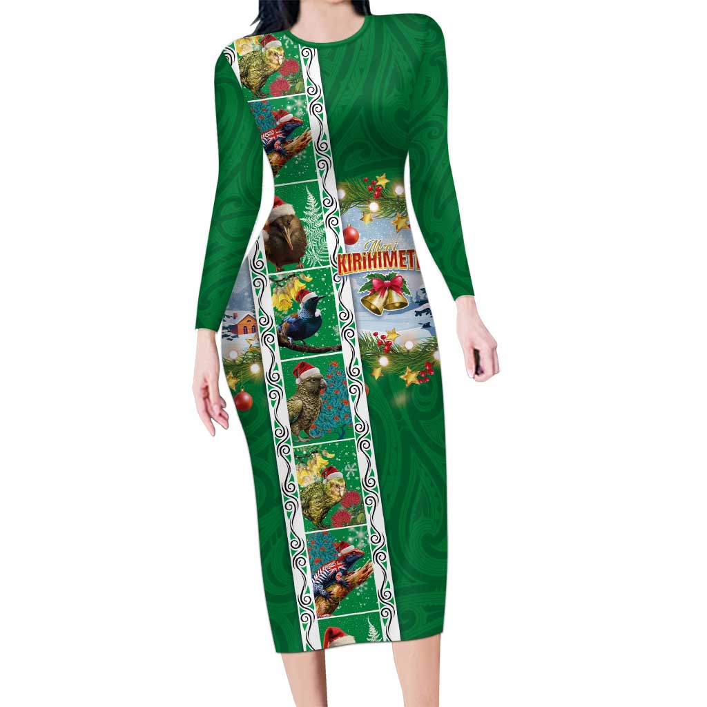 New Zealand Merry Christmas Long Sleeve Bodycon Dress Maori Animals, Koru Tattoo - Green Xmas Style LT03 Long Dress Green - Polynesian Pride