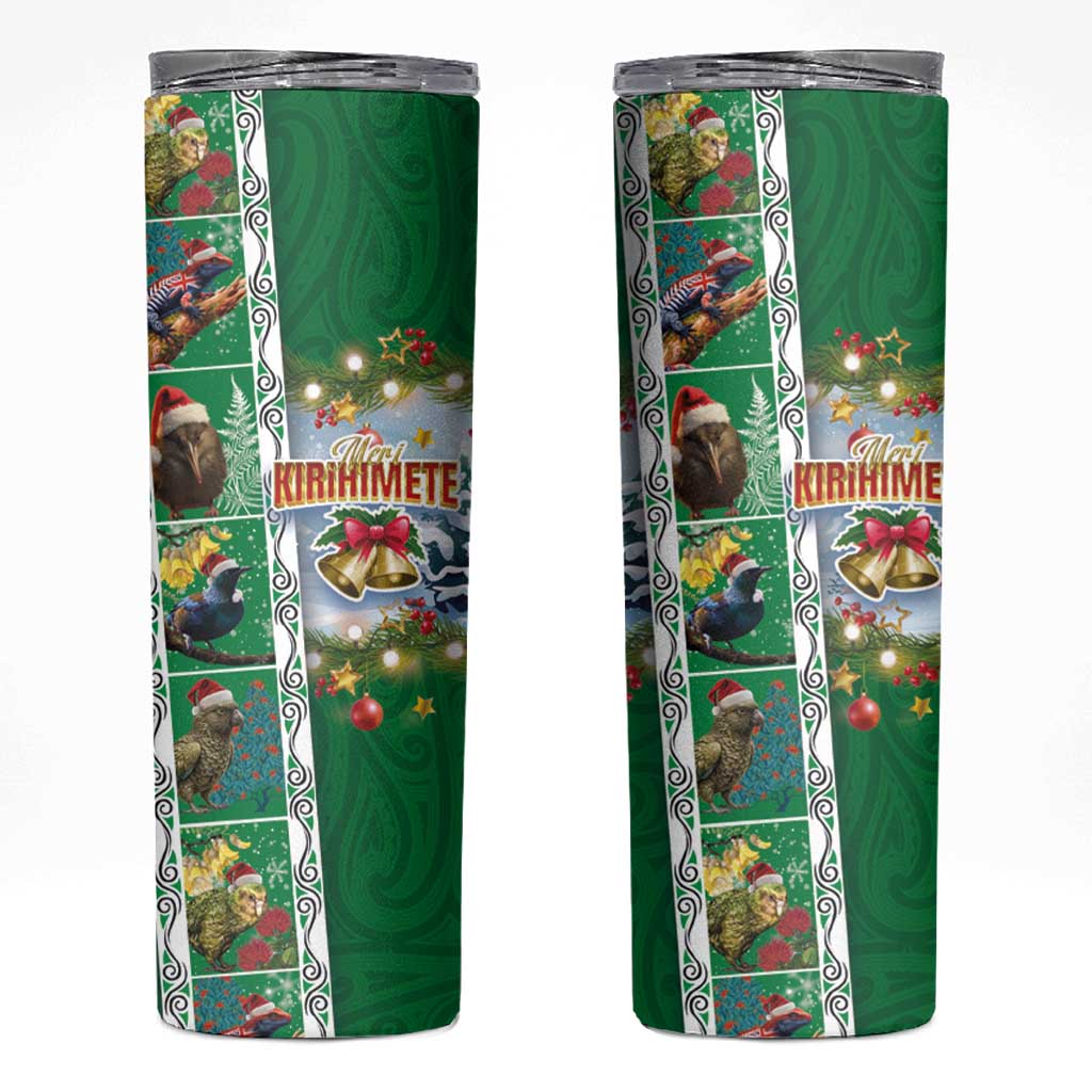 New Zealand Merry Christmas Skinny Tumbler Maori Animals Xmas Style and Koru Tattoo Green Color