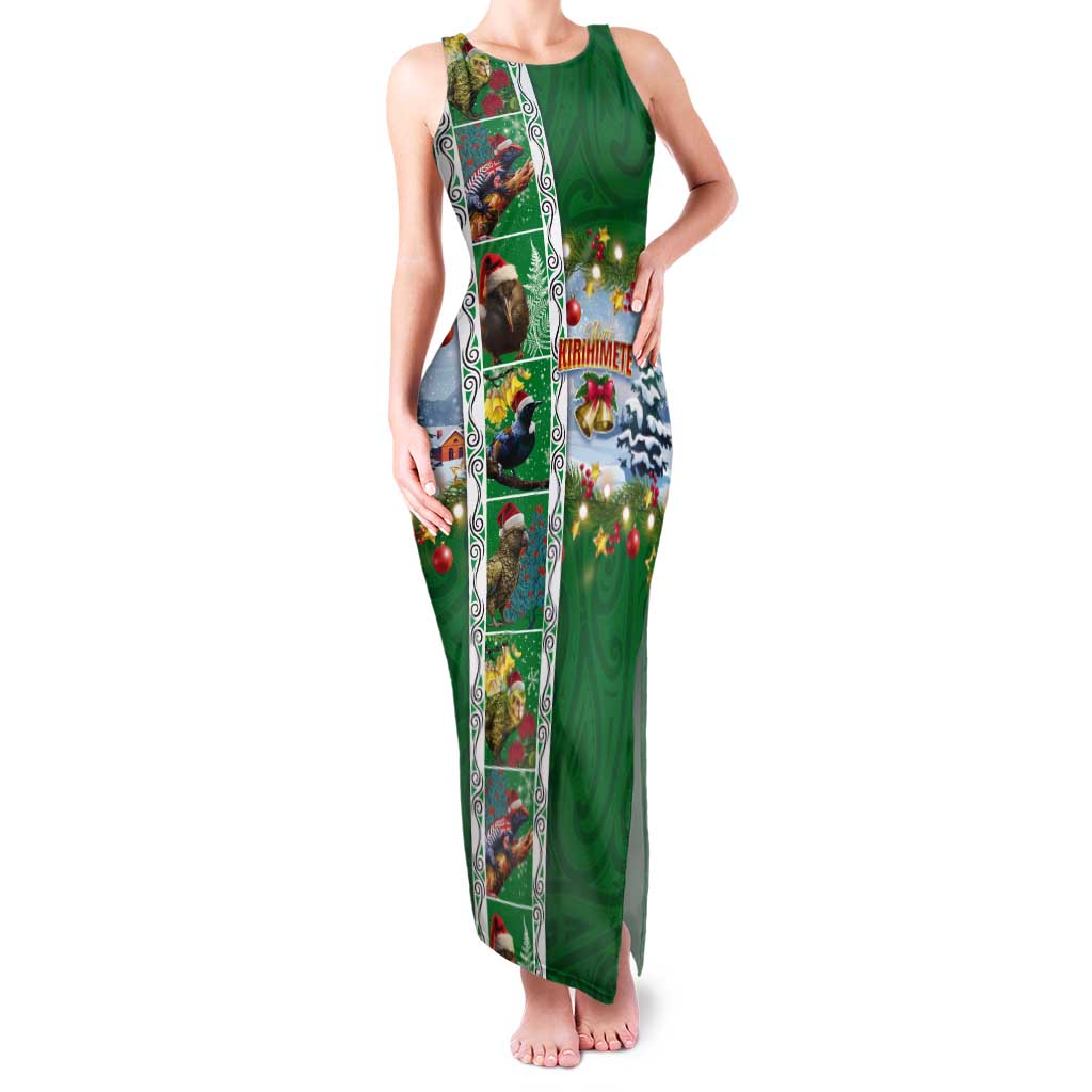 New Zealand Merry Christmas Tank Maxi Dress Maori Animals, Koru Tattoo - Green Xmas Style