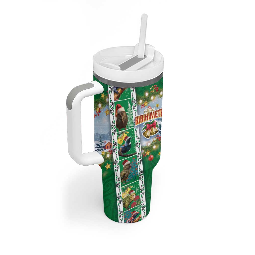 New Zealand Merry Christmas Tumbler With Handle Maori Animals Xmas Style and Koru Tattoo Green Color