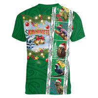 New Zealand Merry Christmas Women V-Neck T-Shirt Maori Animals, Koru Tattoo - Green Xmas Style