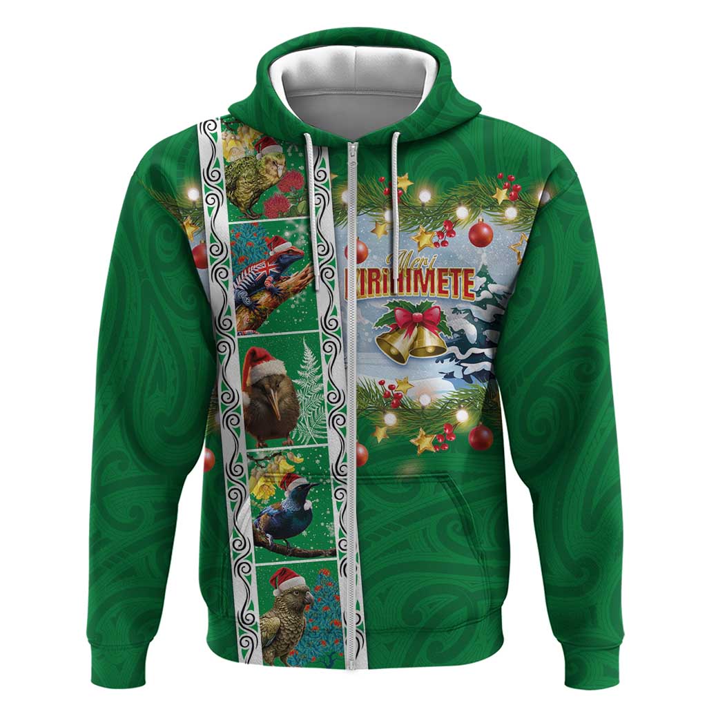 New Zealand Merry Christmas Zip Hoodie Maori Animals, Koru Tattoo - Green Xmas Style LT03 Zip Hoodie Green - Polynesian Pride