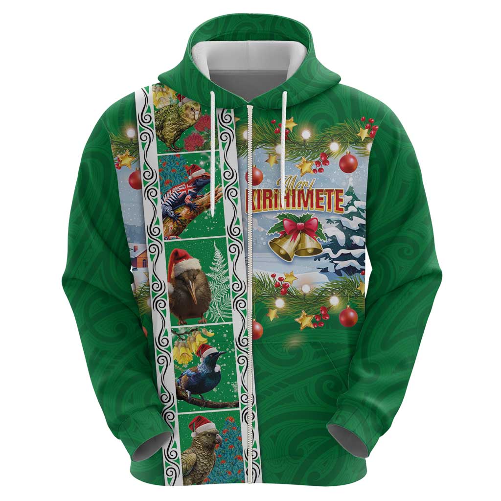 New Zealand Merry Christmas Zip Hoodie Maori Animals, Koru Tattoo - Green Xmas Style LT03 - Polynesian Pride