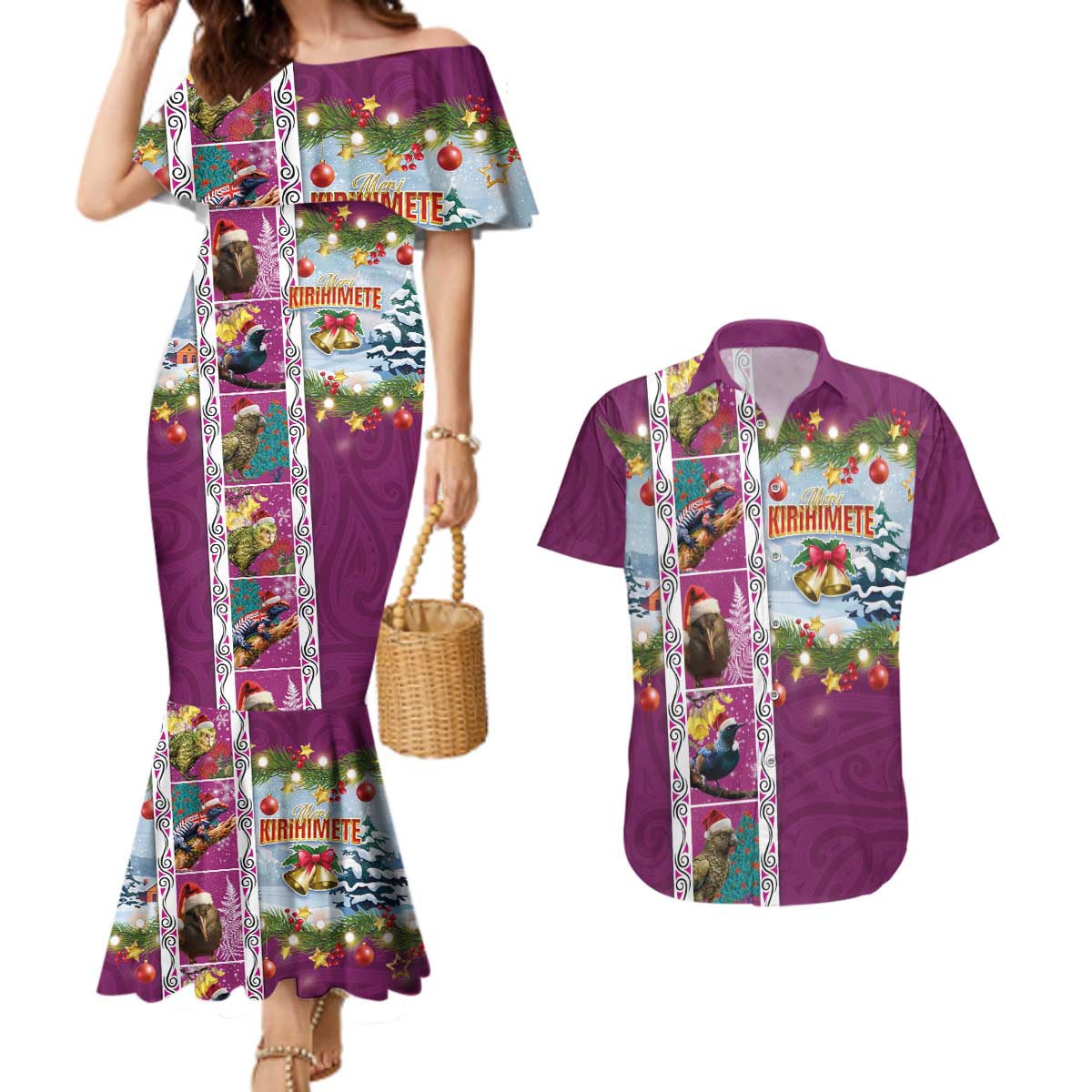 New Zealand Merry Christmas Couples Matching Mermaid Dress and Hawaiian Shirt Maori Animals, Koru Tattoo - Pink Xmas Style LT03 Pink - Polynesian Pride