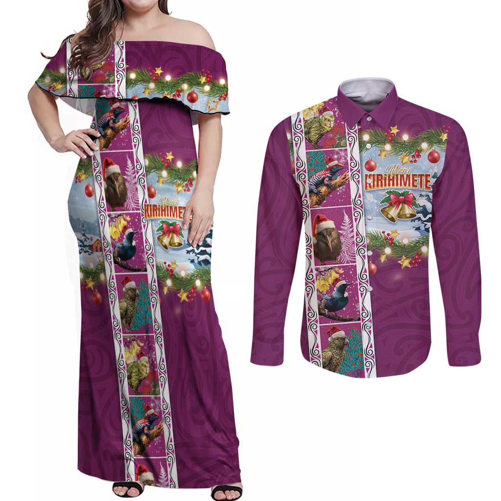 New Zealand Merry Christmas Couples Matching Off Shoulder Maxi Dress and Long Sleeve Button Shirt Maori Animals, Koru Tattoo - Pink Xmas Style LT03 Pink - Polynesian Pride