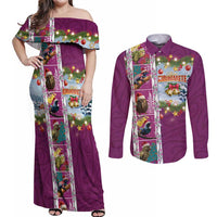 New Zealand Merry Christmas Couples Matching Off Shoulder Maxi Dress and Long Sleeve Button Shirt Maori Animals, Koru Tattoo - Pink Xmas Style LT03 Pink - Polynesian Pride