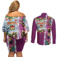 New Zealand Merry Christmas Couples Matching Off Shoulder Short Dress and Long Sleeve Button Shirt Maori Animals, Koru Tattoo - Pink Xmas Style LT03 - Polynesian Pride