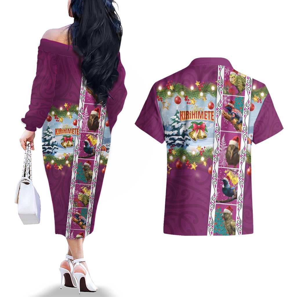 New Zealand Merry Christmas Couples Matching Off The Shoulder Long Sleeve Dress and Hawaiian Shirt Maori Animals, Koru Tattoo - Pink Xmas Style LT03 - Polynesian Pride