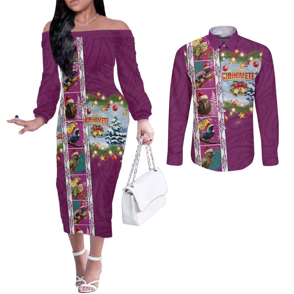 New Zealand Merry Christmas Couples Matching Off The Shoulder Long Sleeve Dress and Long Sleeve Button Shirt Maori Animals, Koru Tattoo - Pink Xmas Style LT03 Pink - Polynesian Pride