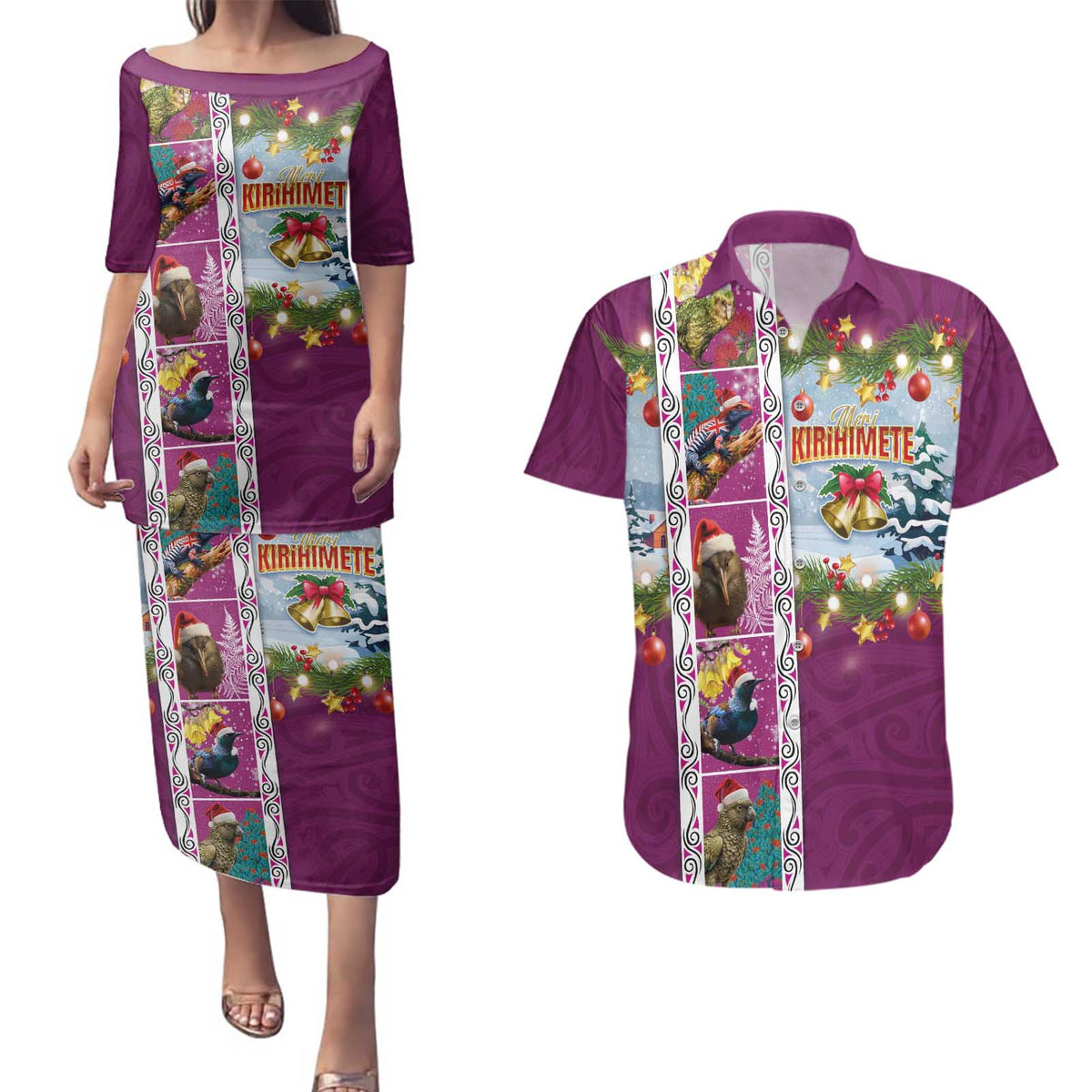 New Zealand Merry Christmas Couples Matching Puletasi and Hawaiian Shirt Maori Animals, Koru Tattoo - Pink Xmas Style LT03 Pink - Polynesian Pride