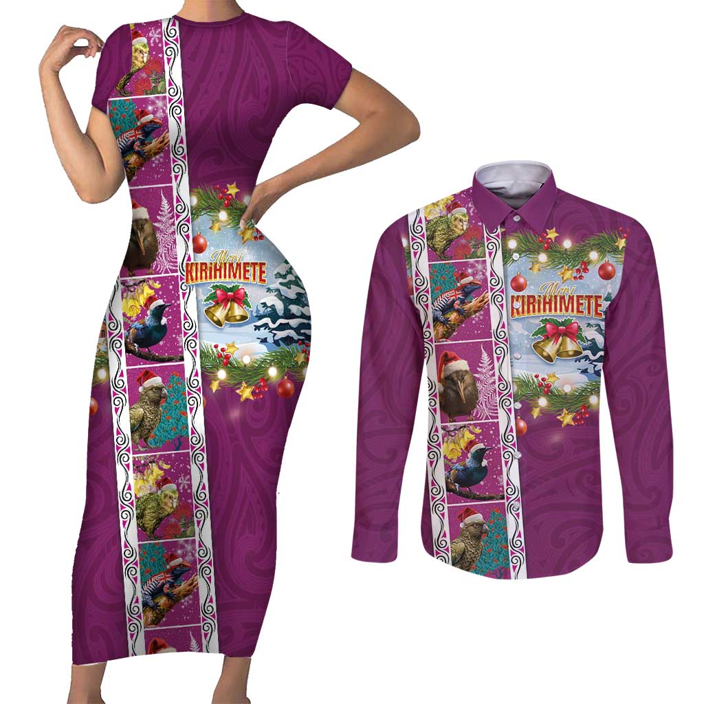 New Zealand Merry Christmas Couples Matching Short Sleeve Bodycon Dress and Long Sleeve Button Shirt Maori Animals, Koru Tattoo - Pink Xmas Style LT03 Pink - Polynesian Pride