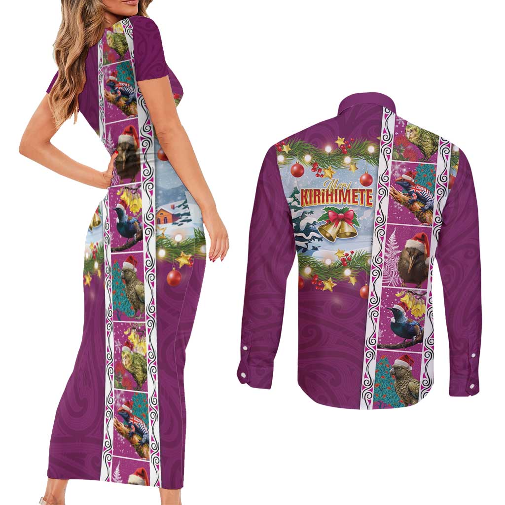 New Zealand Merry Christmas Couples Matching Short Sleeve Bodycon Dress and Long Sleeve Button Shirt Maori Animals, Koru Tattoo - Pink Xmas Style LT03 - Polynesian Pride