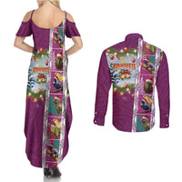 New Zealand Merry Christmas Couples Matching Summer Maxi Dress and Long Sleeve Button Shirt Maori Animals, Koru Tattoo - Pink Xmas Style LT03 - Polynesian Pride