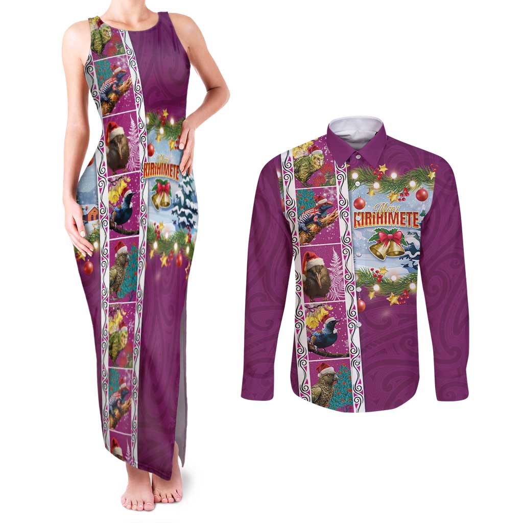 New Zealand Merry Christmas Couples Matching Tank Maxi Dress and Long Sleeve Button Shirt Maori Animals, Koru Tattoo - Pink Xmas Style LT03 Pink - Polynesian Pride