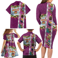New Zealand Merry Christmas Family Matching Long Sleeve Bodycon Dress and Hawaiian Shirt Maori Animals, Koru Tattoo - Pink Xmas Style LT03 - Polynesian Pride