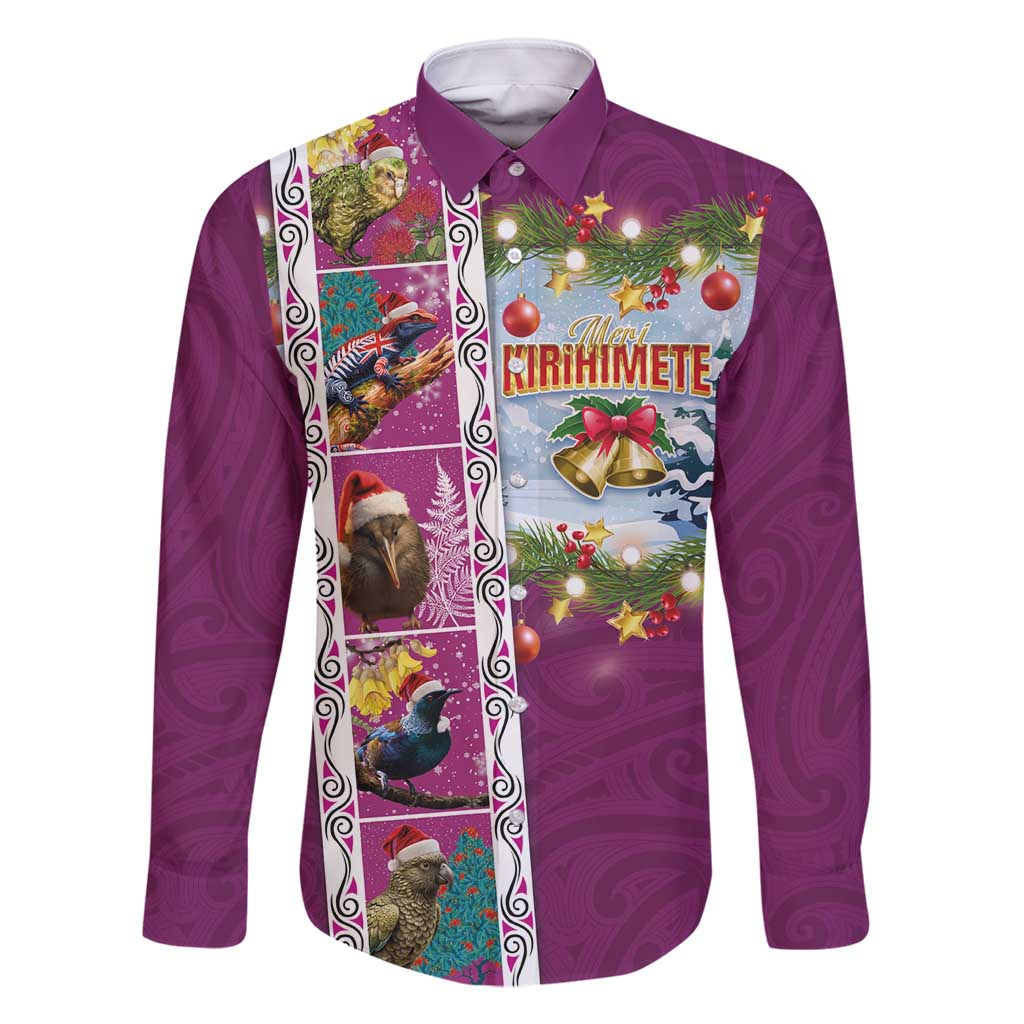 New Zealand Merry Christmas Family Matching Long Sleeve Bodycon Dress and Hawaiian Shirt Maori Animals, Koru Tattoo - Pink Xmas Style LT03 Dad's Shirt - Long Sleeve Pink - Polynesian Pride
