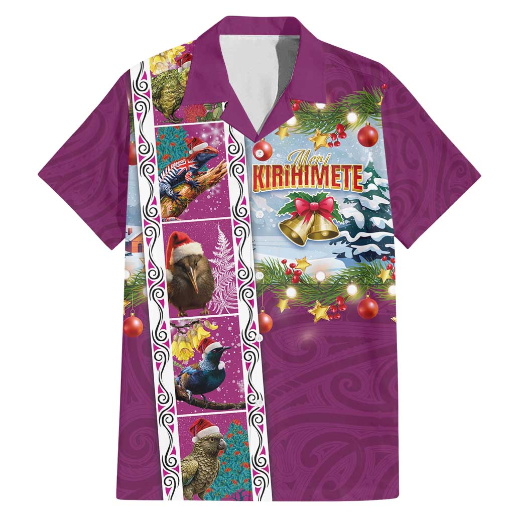 New Zealand Merry Christmas Family Matching Mermaid Dress and Hawaiian Shirt Maori Animals, Koru Tattoo - Pink Xmas Style LT03 Dad's Shirt - Short Sleeve Pink - Polynesian Pride