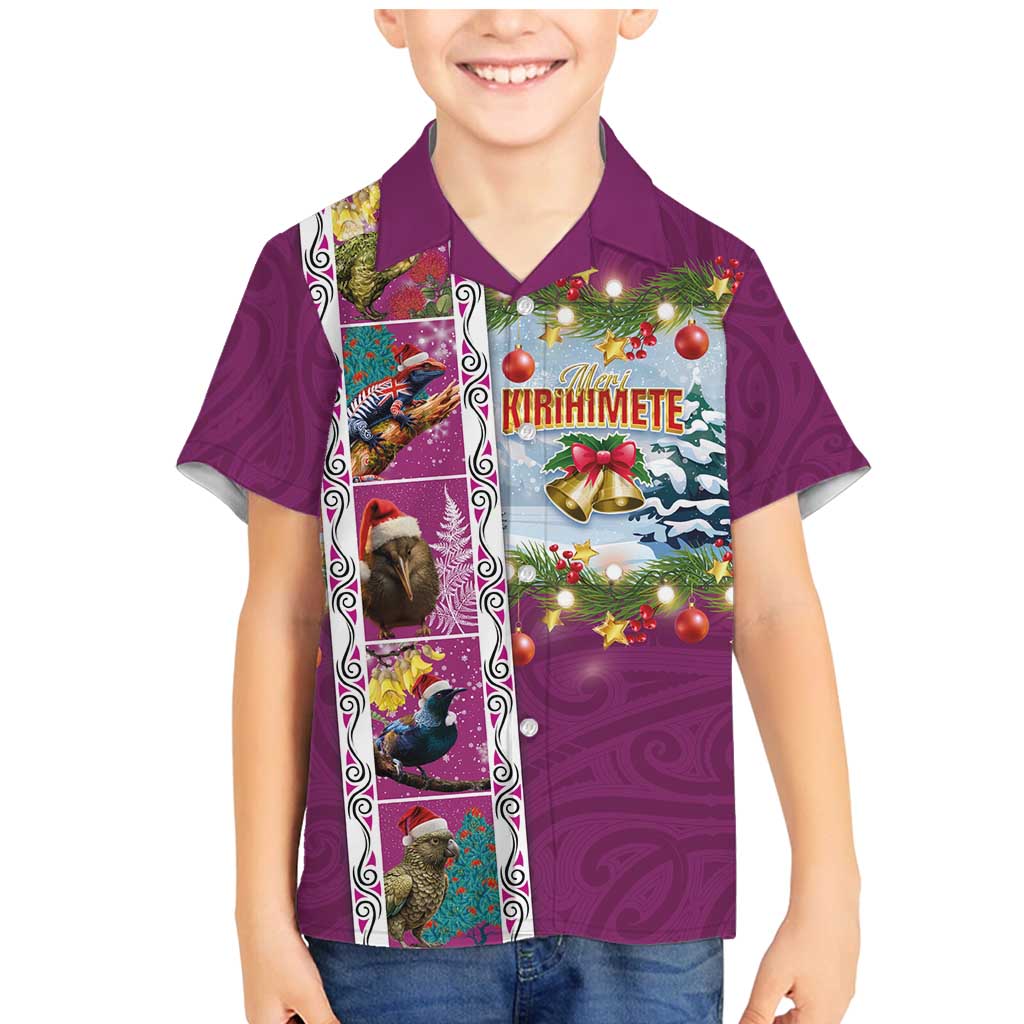 New Zealand Merry Christmas Family Matching Mermaid Dress and Hawaiian Shirt Maori Animals, Koru Tattoo - Pink Xmas Style LT03 Son's Shirt Pink - Polynesian Pride