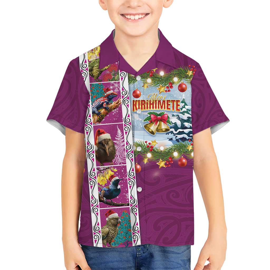 New Zealand Merry Christmas Family Matching Puletasi and Hawaiian Shirt Maori Animals, Koru Tattoo - Pink Xmas Style LT03 Son's Shirt Pink - Polynesian Pride