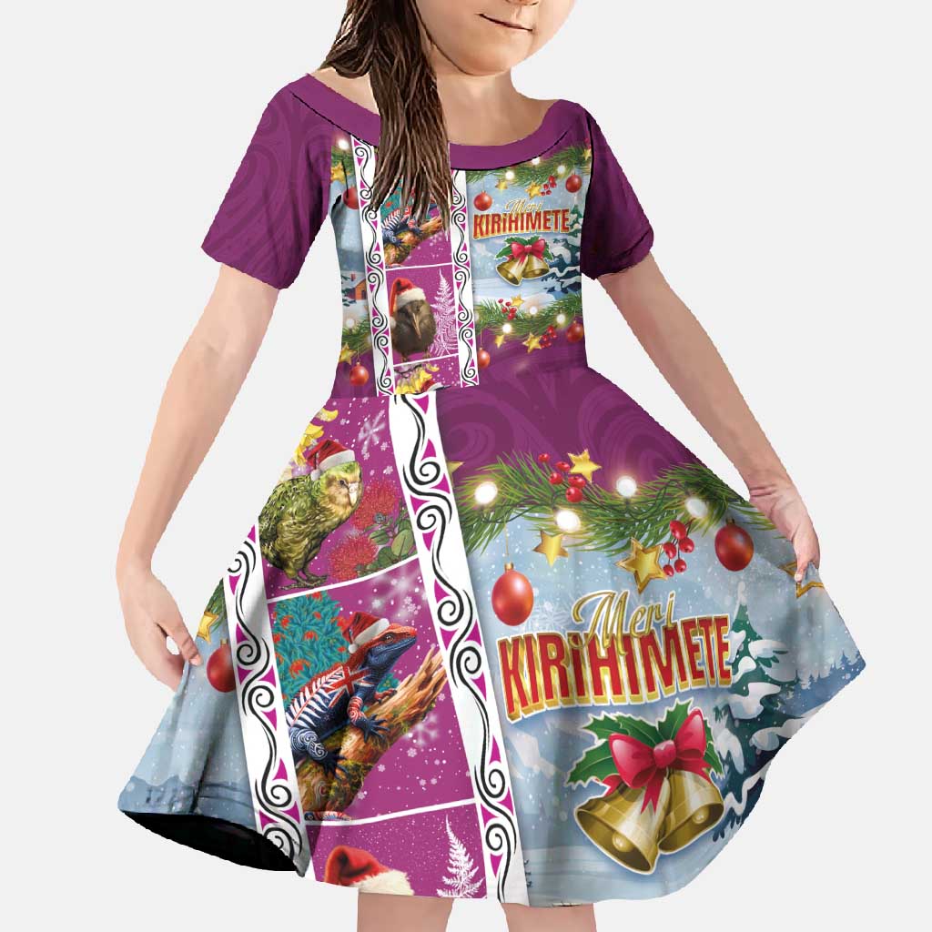 New Zealand Merry Christmas Family Matching Short Sleeve Bodycon Dress and Hawaiian Shirt Maori Animals, Koru Tattoo - Pink Xmas Style LT03 Daughter's Dress Pink - Polynesian Pride