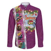 New Zealand Merry Christmas Family Matching Short Sleeve Bodycon Dress and Hawaiian Shirt Maori Animals, Koru Tattoo - Pink Xmas Style LT03 Dad's Shirt - Long Sleeve Pink - Polynesian Pride