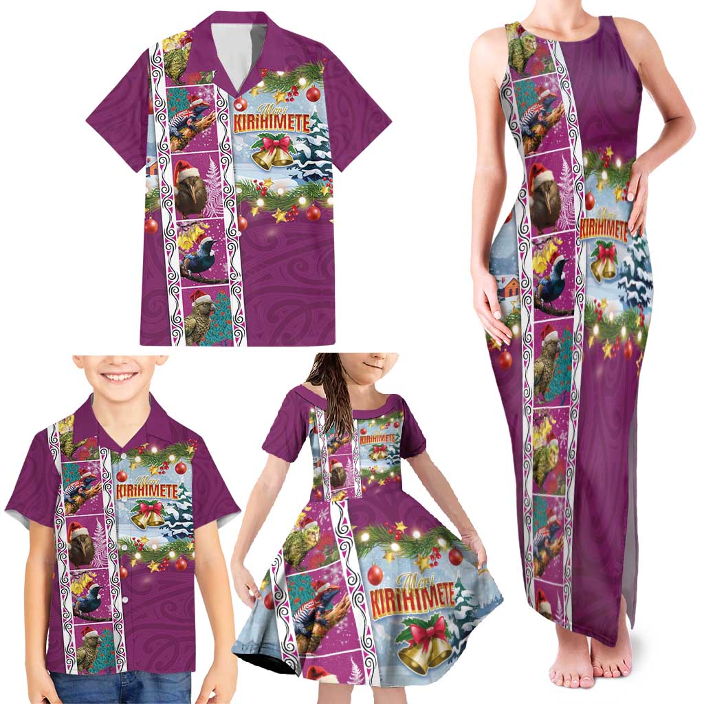 New Zealand Merry Christmas Family Matching Tank Maxi Dress and Hawaiian Shirt Maori Animals, Koru Tattoo - Pink Xmas Style