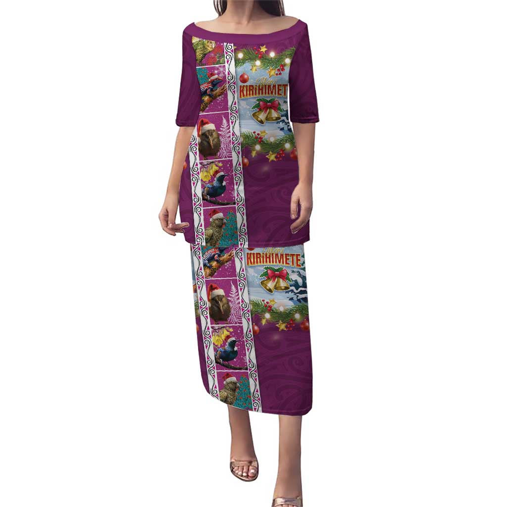 New Zealand Merry Christmas Puletasi Maori Animals, Koru Tattoo - Pink Xmas Style LT03 Long Dress Pink - Polynesian Pride