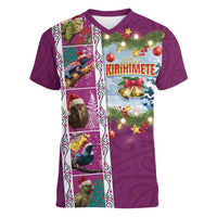 New Zealand Merry Christmas Women V-Neck T-Shirt Maori Animals, Koru Tattoo - Pink Xmas Style LT03 Female Pink - Polynesian Pride