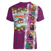 New Zealand Merry Christmas Women V-Neck T-Shirt Maori Animals, Koru Tattoo - Pink Xmas Style LT03 - Polynesian Pride
