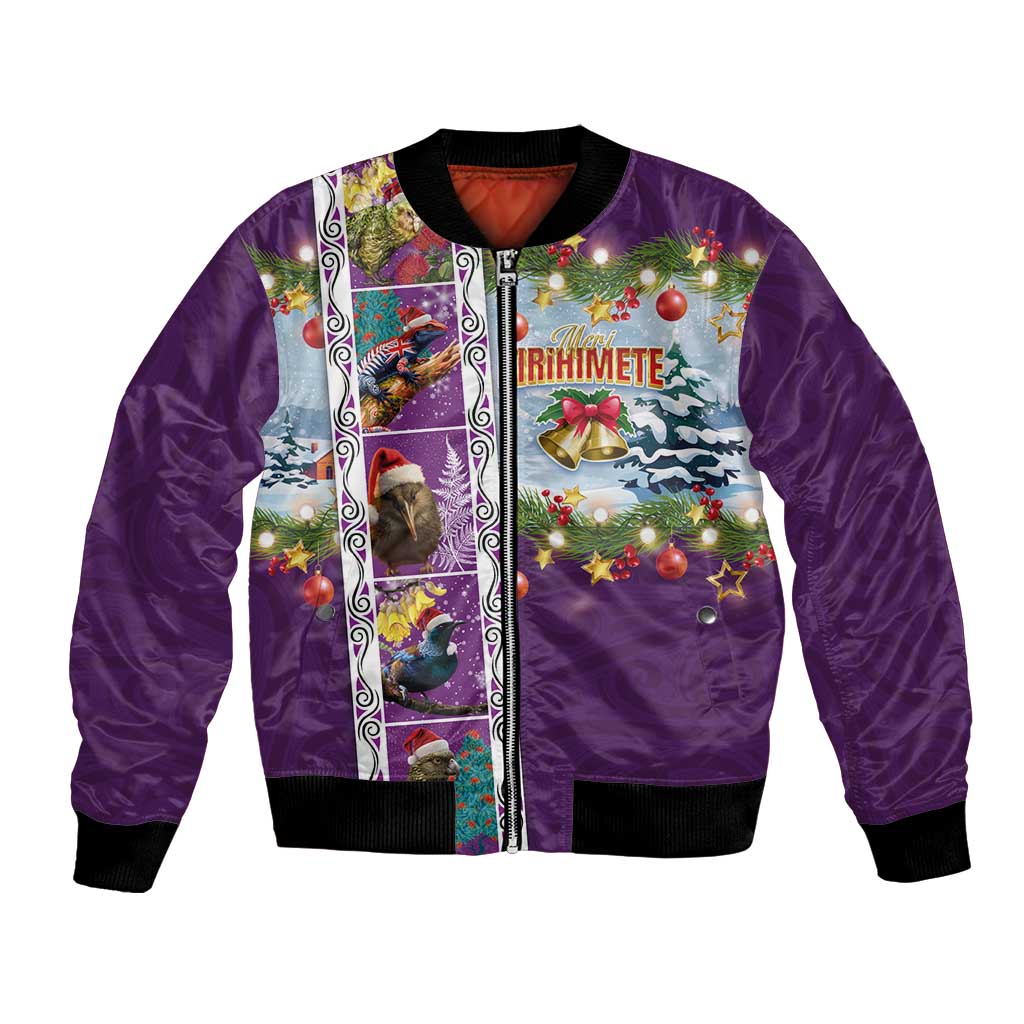 New Zealand Merry Christmas Bomber Jacket Maori Animals, Koru Tattoo - Purple Xmas Style