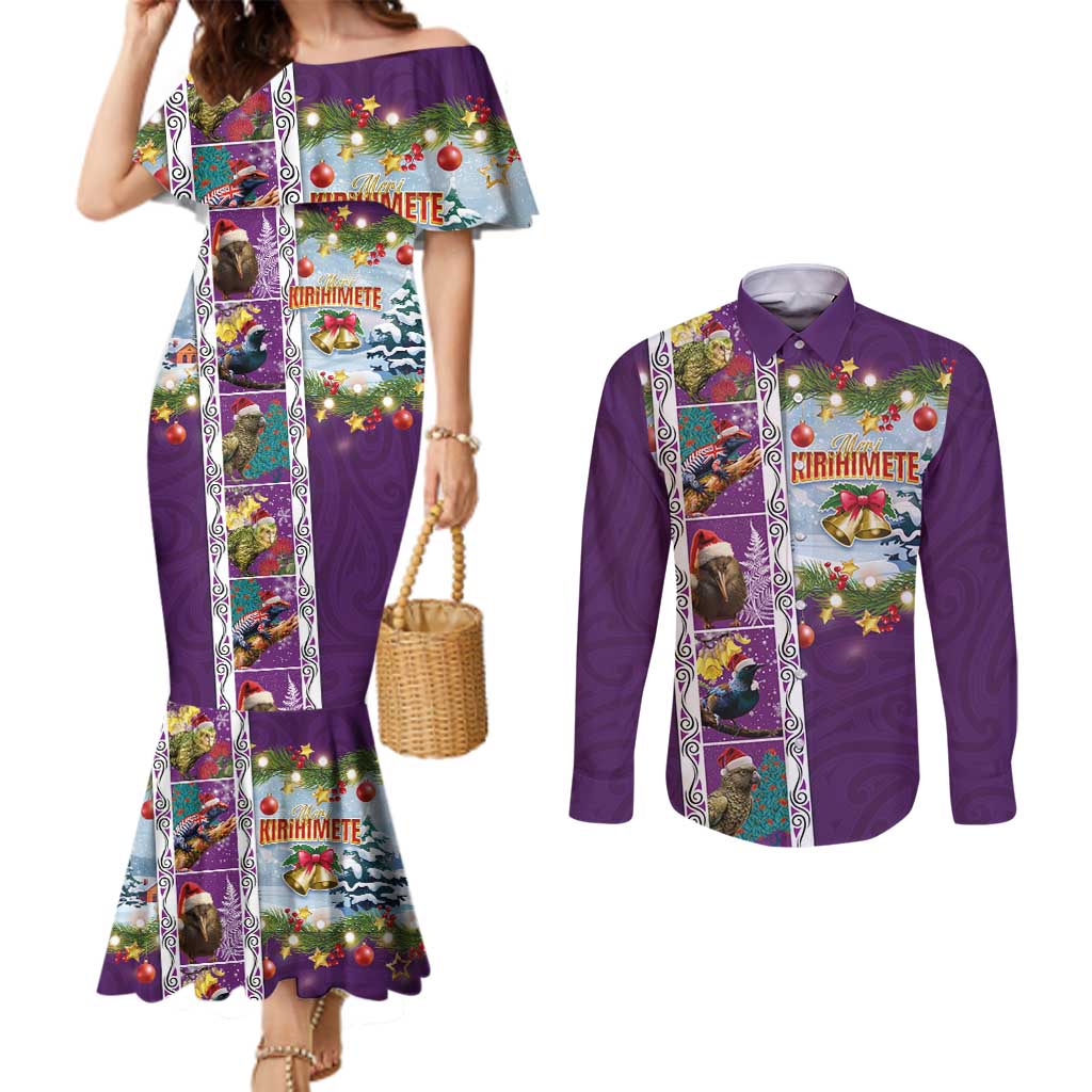 New Zealand Merry Christmas Couples Matching Mermaid Dress and Long Sleeve Button Shirt Maori Animals, Koru Tattoo - Purple Xmas Style LT03 Purple - Polynesian Pride